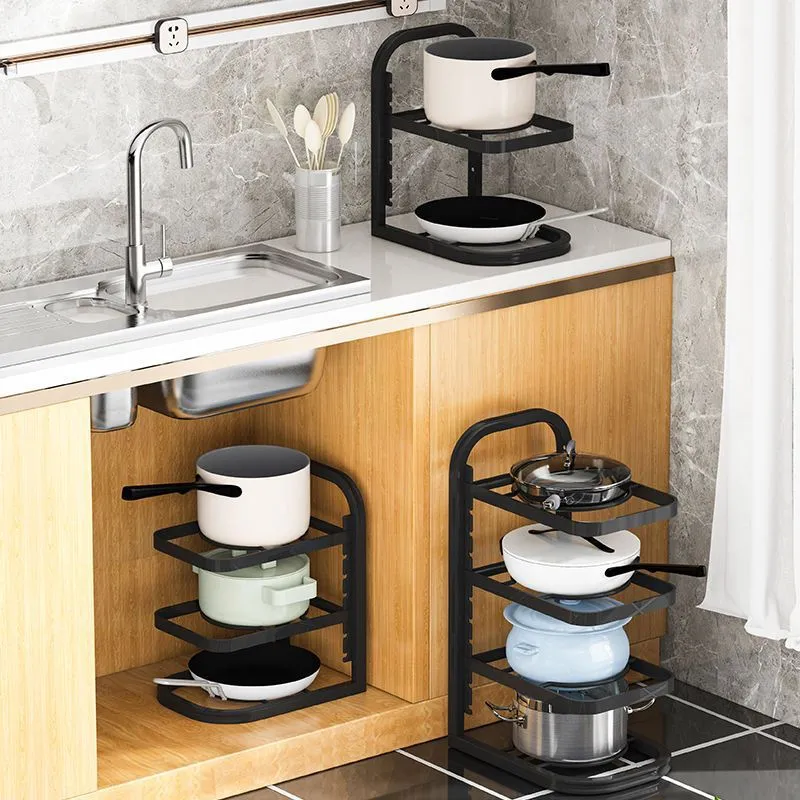 Support de rangement multicouche pour casseroles et poêles sous l'évier Support de rangement multicouche pour casseroles et poêles sous l'évier